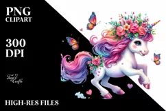 cute Unicorn Running with Floral Wreath PNG Product Image 3