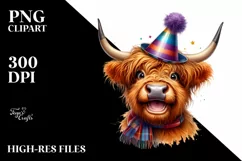 Cow Watercolor Highland Cow with Party Hat | Sublimation Product Image 1