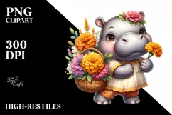 Whimsical Baby Hippo with Flower Basket | Clipart Product Image 1