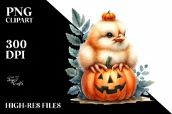 Cute Baby Chicken Sitting with Pumpkin, Transparent PNG Product Image 1