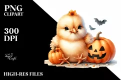 Cute Baby Chicken with Halloween Pumpkin PNG Product Image 1