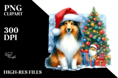 Sitting Collie with Santa Hat PNG Product Image 2