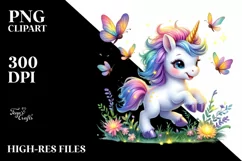Baby Unicorn with Fireflies, Playful PNG Product Image 3