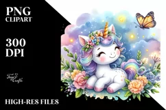 Baby Unicorn with Fireflies, Playful PNG Product Image 1