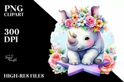 Cute Rhino with Flower Crown PNG Product Image 3