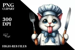Cat Holding Fork and Knife Showing Tongue | Sublimation | Product Image 1