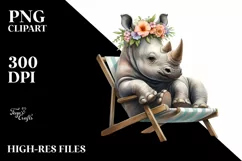 Watercolor Young Rhino Sitting on Beach Cahir Clipart Product Image 3