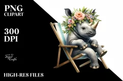 Watercolor Young Rhino Sitting on Beach Cahir Clipart Product Image 1