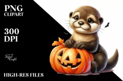 Cute Baby Otter Holding Pumpkin PNG Product Image 1