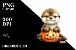 Cute Baby Otter Holding Pumpkin PNG Product Image 3