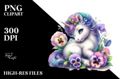 Cute Baby Unicorn with Pansy | Sublimation | Clipart Product Image 1