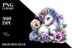 Cute Baby Unicorn with Pansy | Sublimation | Clipart Product Image 1