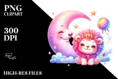 Smiling Cute Lion with Pink-ish Moon PNG Product Image 2