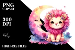 Smiling Cute Lion with Pink-ish Moon PNG Product Image 2