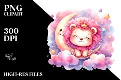 Smiling Cute Lion with Pink-ish Moon PNG Product Image 2