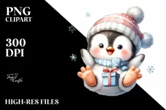 Cute Baby Penguin with Gift Box PNG Product Image 1