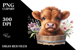 Cute Baby Highland Cow Bucket Sunflower PNG Product Image 2