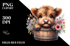 Cute Baby Highland Cow Bucket Sunflower PNG Product Image 2