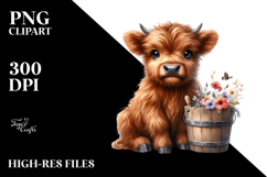 Cute Baby Highland Cow Bucket Sunflower PNG Product Image 2