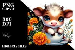 Cute Baby Highland Cow with Marigold, Transparent PNG Product Image 2