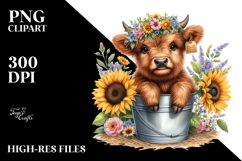 Cute Baby Highland Cow Bucket Sunflower PNG Product Image 2