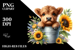 Cute Baby Highland Cow Bucket Sunflower PNG Product Image 2