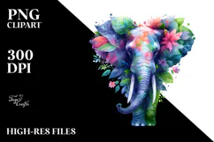 Abstract Vibrant Elephant with Plant Leaves PNG Product Image 2
