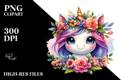 Watercolor Vibrant Unicorn with Floral Wreath PNG Product Image 2