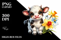 Cute Baby Cow with Daffodil Floral Ornament, Transparent PNG Product Image 2