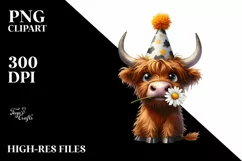Party Hat Highland Cow with Daisy in Mouth | Clipart Product Image 1