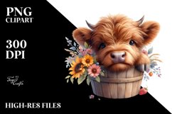 Cute Baby Highland Cow in Wood Bucket PNG Product Image 3