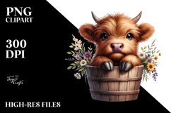 Cute Baby Highland Cow in Wood Bucket PNG Product Image 3