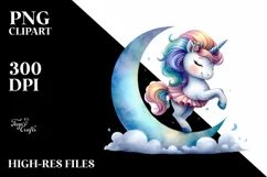 Cute Unicorn Pirouetting on Crescent Moon | Clipart Product Image 1