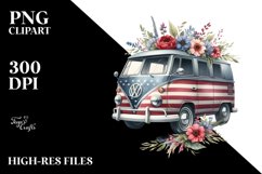 Watercolor Vintage Van with Flowers and USA Flag | Clipart Product Image 1