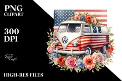 Watercolor Vintage Van with Flowers and USA Flag | Clipart Product Image 1