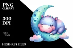 Colorful Watercolor Cute Baby Hippo Sleeping Moon | Product Image 3