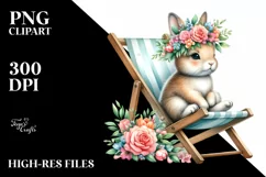 Watercolor Young Rabbit with Flowers on Beach Chair | Product Image 3