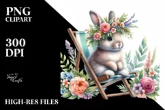 Watercolor Young Rabbit with Flowers on Beach Chair | Product Image 1