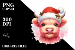Pink Highland Cow with Santa Hat, PNG Product Image 2