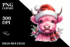 Pink Highland Cow with Santa Hat, PNG Product Image 2