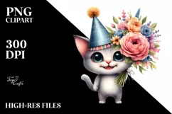 Baby Cat with Party Hat and Large Flower Bouquet | Clipart Product Image 1