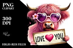 Pink Highland Cow with Heart Sunglasses, Vibrant PNG Product Image 2