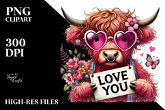 Pink Highland Cow with Heart Sunglasses, Vibrant PNG Product Image 2
