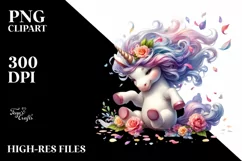 Colorful Baby Unicorn Tumbling with Spring Petals | Product Image 1