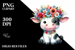 Cute Vibrant Flower Crown Cow Clipart Product Image 1