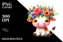 Cute Vibrant Flower Crown Cow Clipart Product Image 1