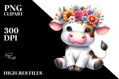 Cute Vibrant Flower Crown Cow Clipart Product Image 2