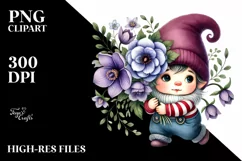 Cute Baby Gnome with Violet Floral Frame, Transparent PNG Product Image 2