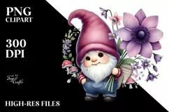 Baby GNOME with Big Hat, Violet Floral Frame PNG Product Image 2