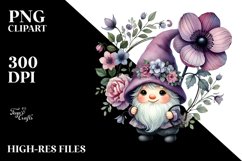 Cute Baby Gnome with Violet Floral Frame, Transparent PNG Product Image 2